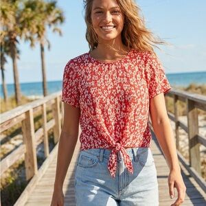 Madewell Size Small Red and White Patterned Tie-Front Tee